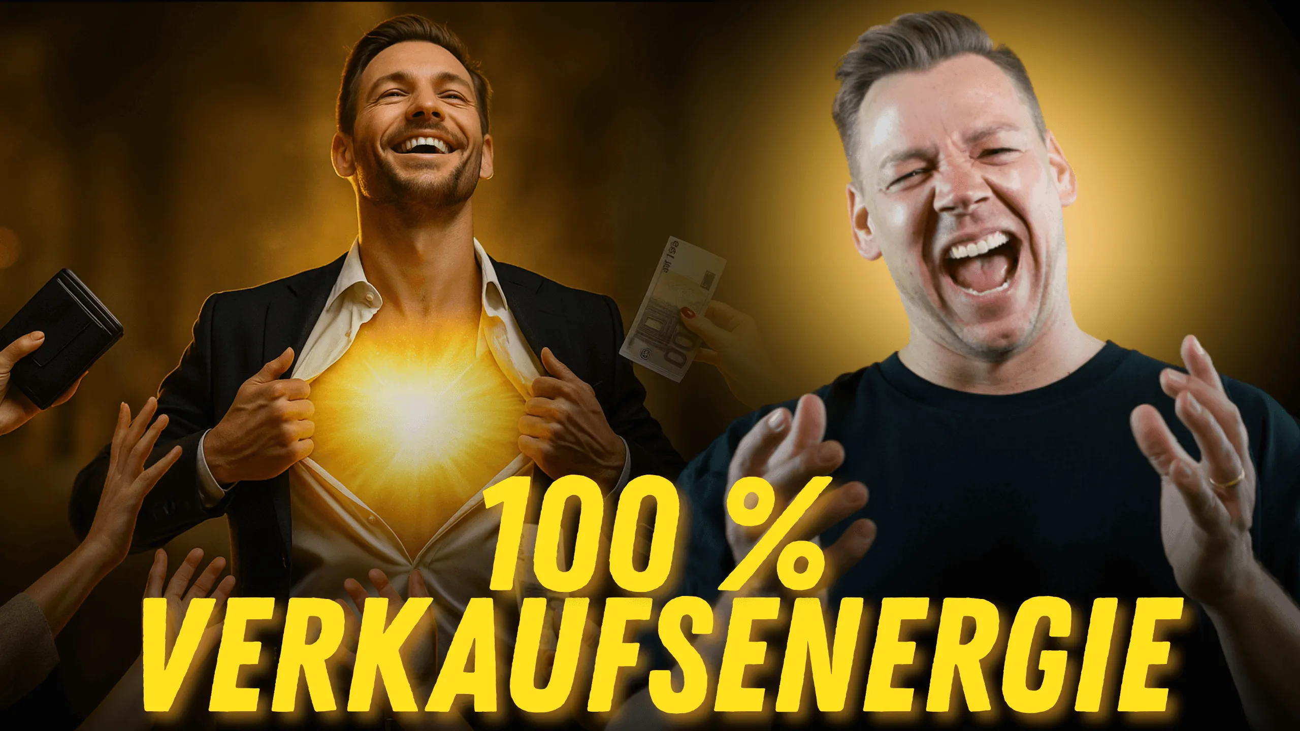 Strahlender Verkäufer mit Geld und Verkaufsenergie